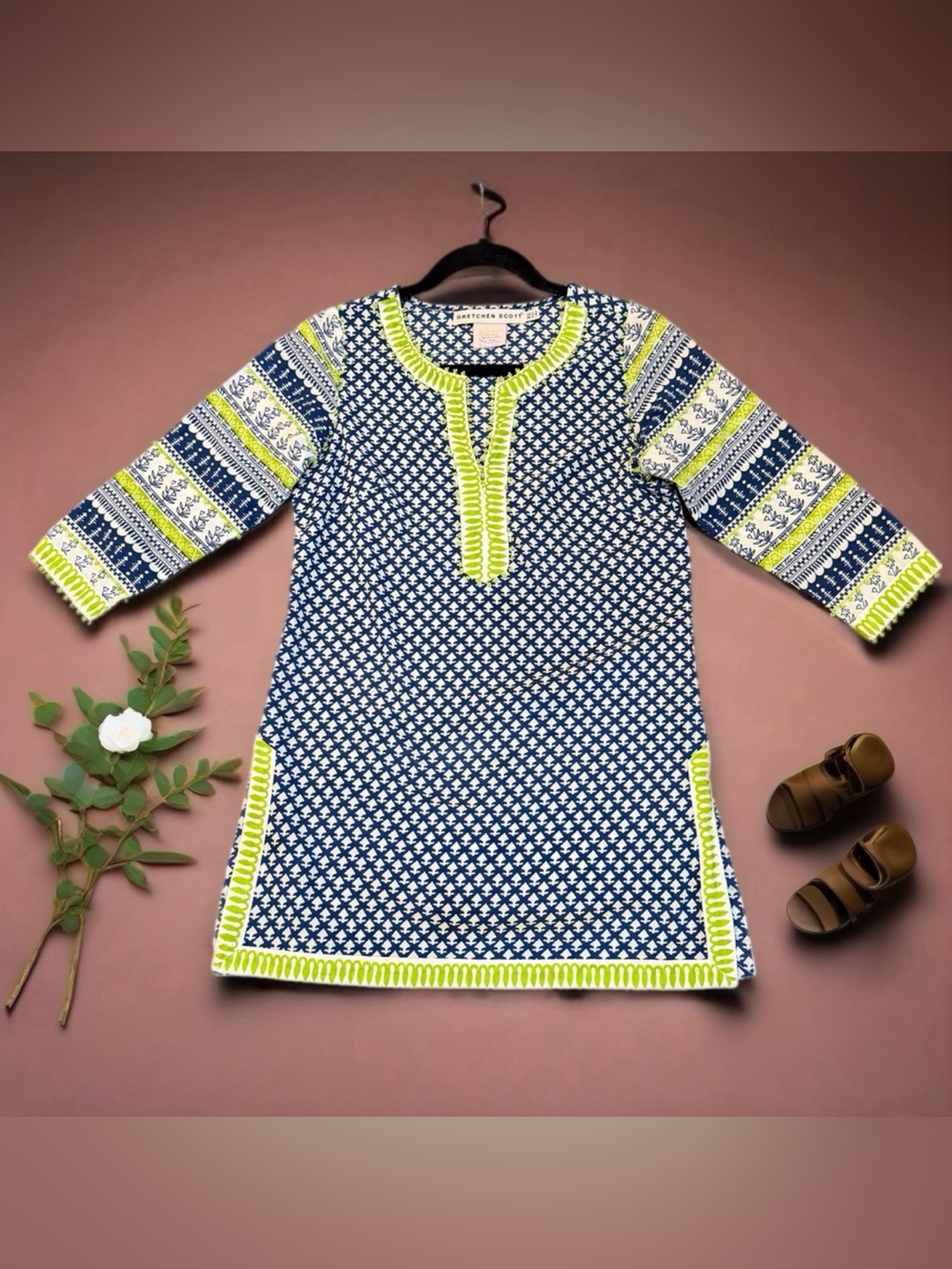 Gretchen Scott Navy Green Printed Tunic Dress 100% Cotton Beaded Trim Size XS